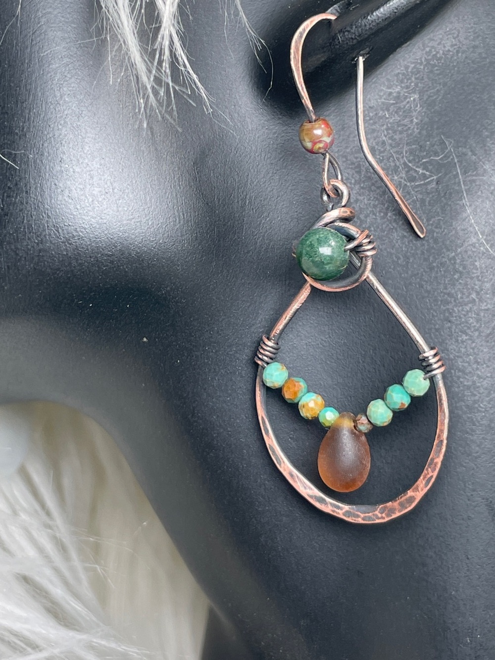 Artisan Made Copper drop Earrings with Moss Agate and Turquoise - Picture 6 of 13